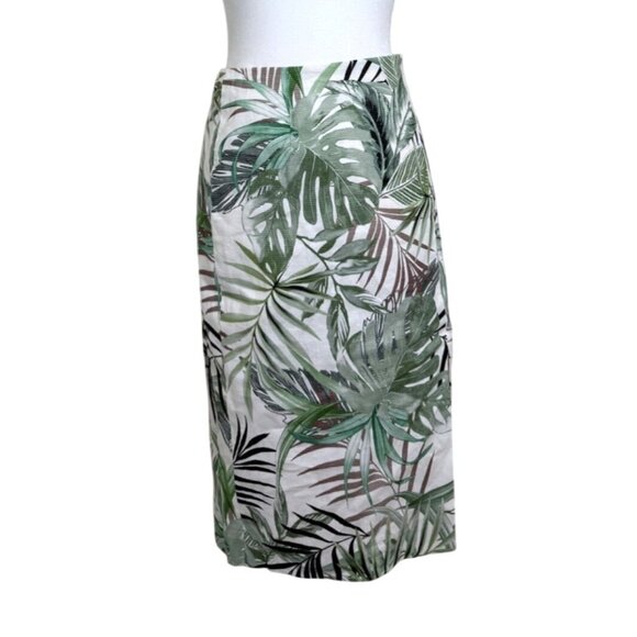 Worth New York Pencil Skirt Front Slit Tropical Print Green White Linen Size 0 - Picture 6 of 10